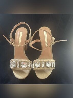 Audrey Brooke Gold Jeweled Block-Heel Sandals with Ankle Strap